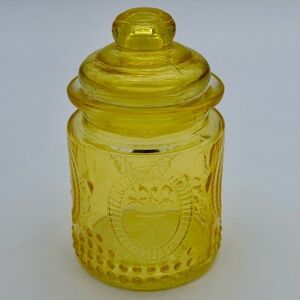 Bright Yellow Canister Jar or Apothecary With Lid Fleur De Lis Beaded Glass